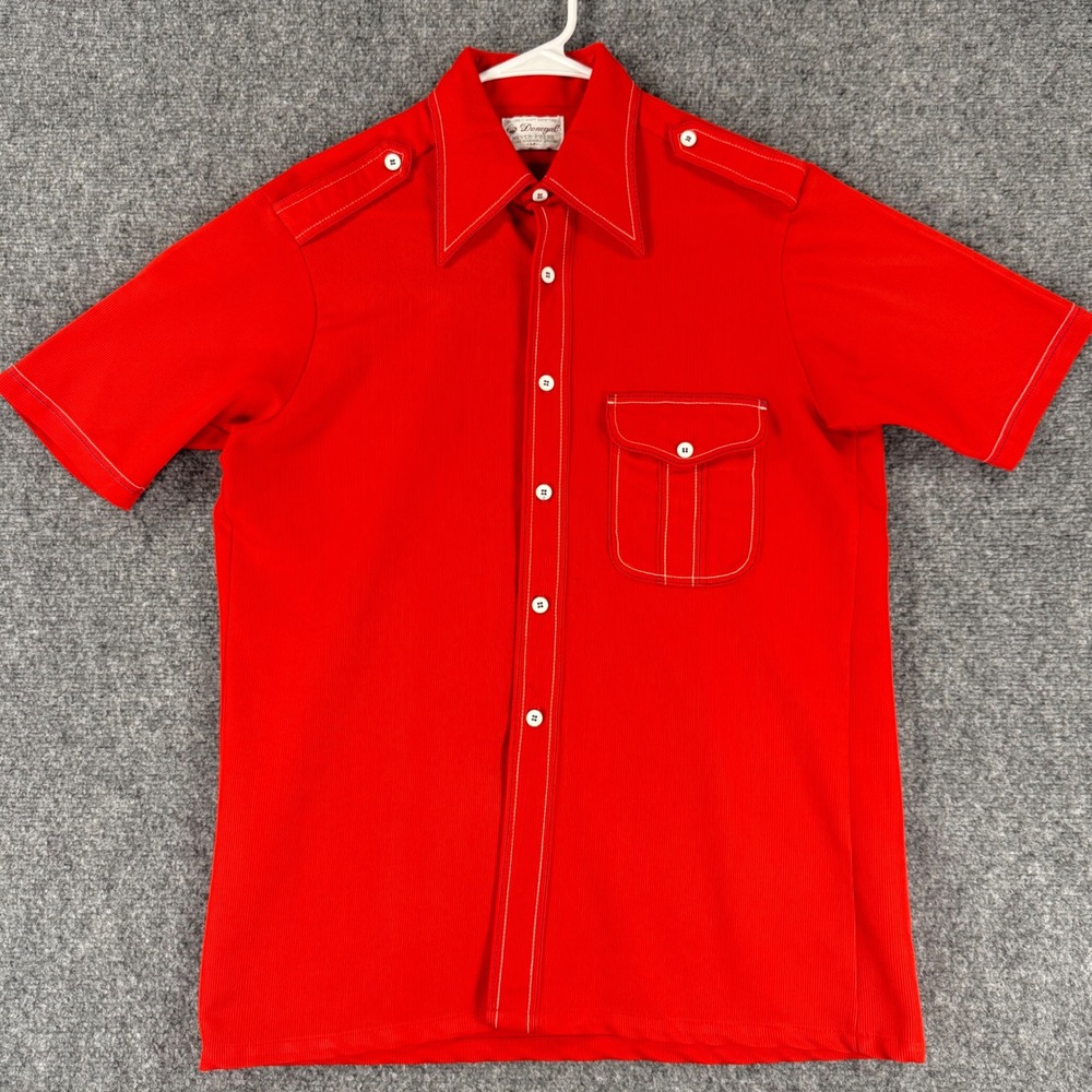 Vintage 70s Dagger Collar Button Up Donegal Shirt Mens Medium Red Short Sleeve